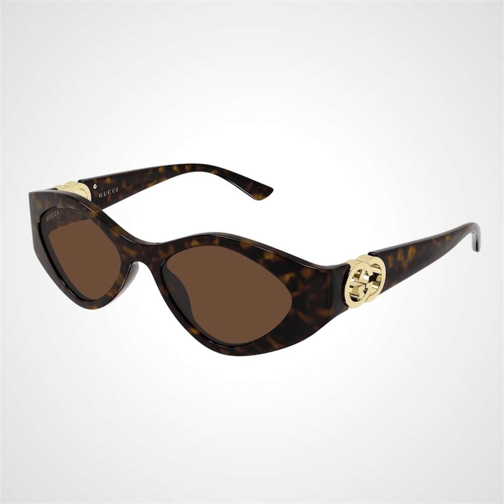 New GUCCI Sunglasses Brown Gold Oval Cat Eye Womens 52-17-135mm Havana Tortoise